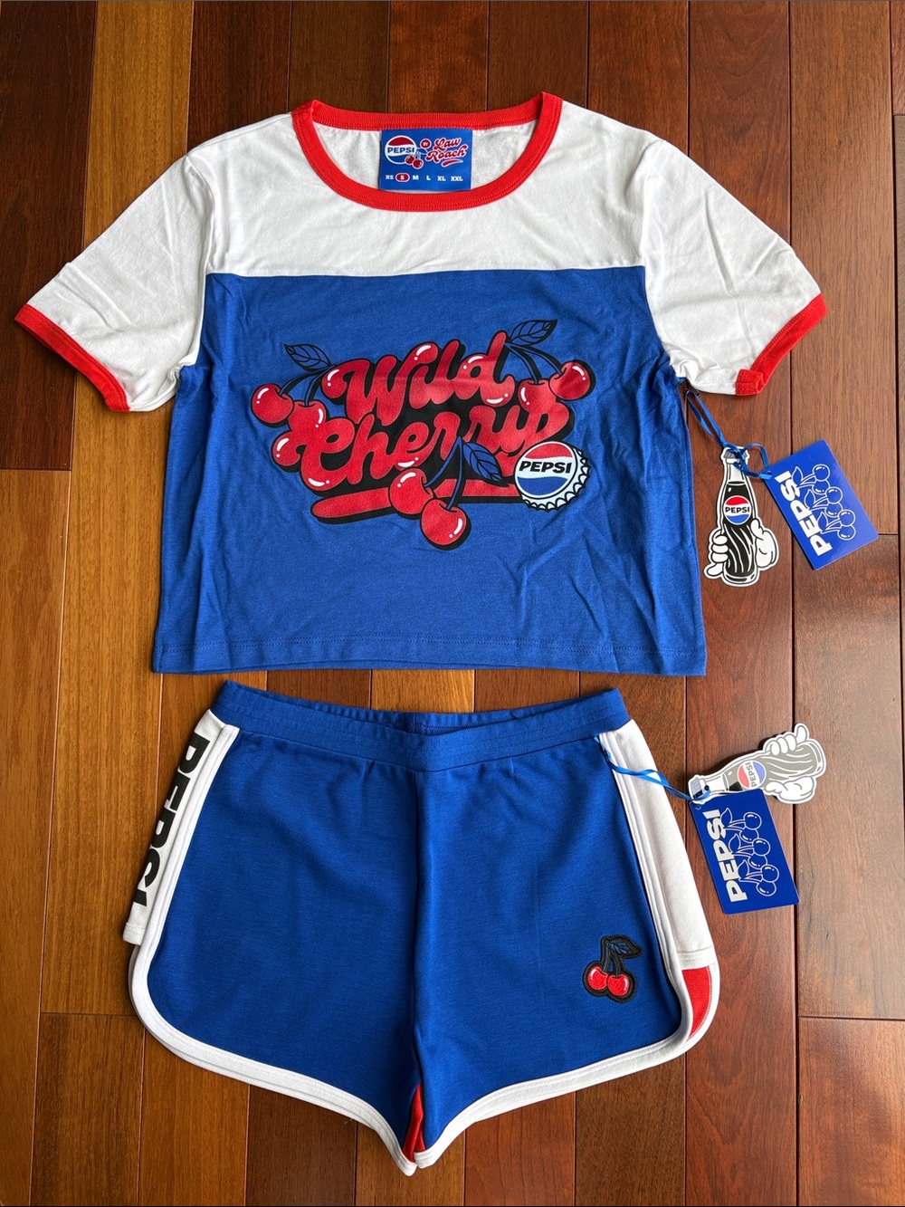 Pepsi by Law Roach Wild Cherry Blue and White Ringer Tee & Shorts Set